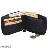 Black faux leather wallet with 3 card slots, 2 currency compartments, secret compartments, and coin pocket for men, women, and girls. Solid pattern, free size (11cm x 9cm), ethically sourced genuine leather, RFID protection, and secure zip fastening. Indian origin