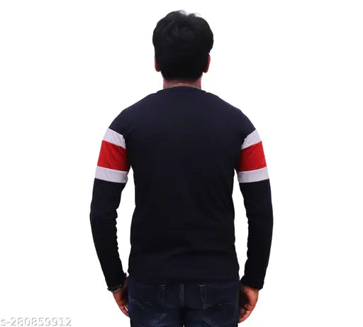 Black, red, and white striped round neck cotton T-shirt for men, long sleeves, comfortable fit, versatile layering
