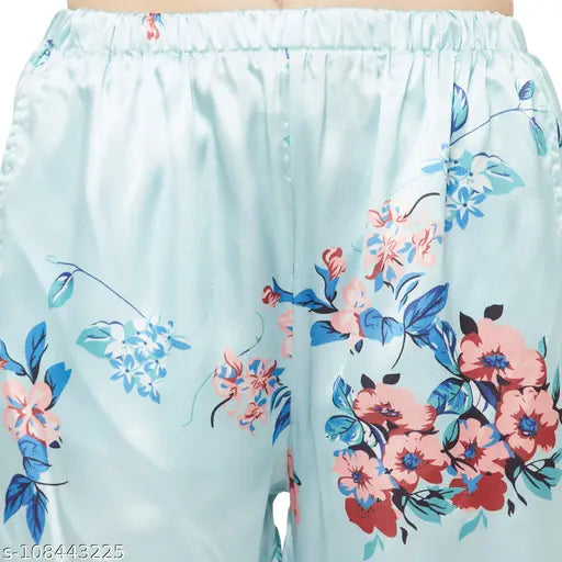 Turquoise floral print satin nightsuit, size S, lapel collar, short sleeves, available in XL to 5XL, India origin