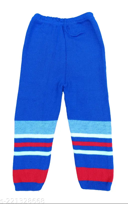 Wool colorblocked sweater/pyjama pant set for baby boys and girls, suitable for winter. Available in sizes: 9-12M, 12-18M, 18-24M, 1-2Y, 2-3Y, 3-4Y, 4-5Y. Origin: India