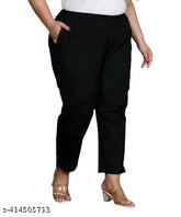 Black cotton blend plus-size trousers with 2 side pockets, ideal for women/girls