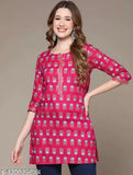 Premium rayon flower printed pink short kurti for women - soft, lightweight, and breathable fabric with notch neck design, perfect for jeans or leggings. Includes sizes XS to XL. Machine washable in cold water. Indian-made