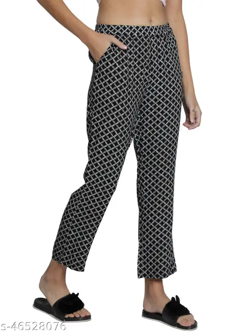 Rayon monochrome printed pyjama, geometric pattern, comfortable lounging wear for women, maxi length, Indian origin