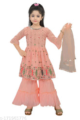 Orange chiffon anarkali sharara pajama set for girls, high-quality embroidered kurti with dupatta