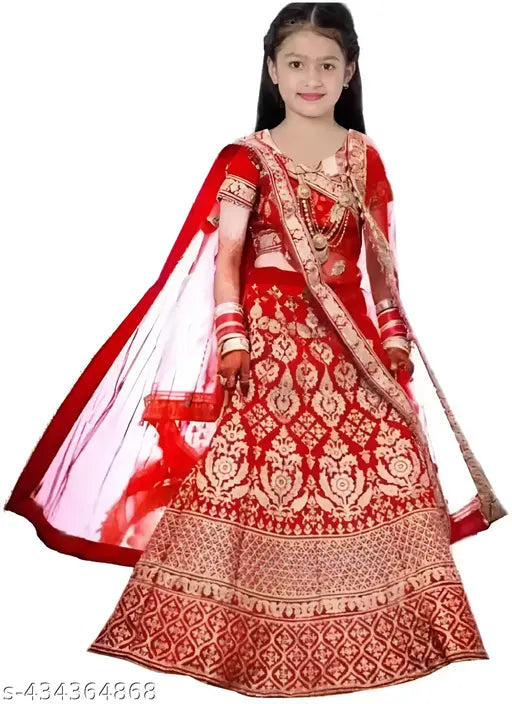 Embroidered satin lehenga choli and net dupatta set for girls, semi-stitched ethnic wear in various sizes from 2-13 years