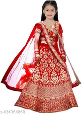 Embroidered satin lehenga choli and net dupatta set for girls, semi-stitched ethnic wear in various sizes from 2-13 years