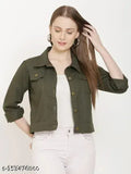 Denim women's jacket, stylish solid design with long sleeves - S (36in bust, 24in length), India-made