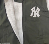 Trendy kids waterproof PU varsity baseball jacket, long sleeves with contrast cuffs & furr interior. Embroidered net pattern, ribbed collar. Perfect for winter/pre-winters