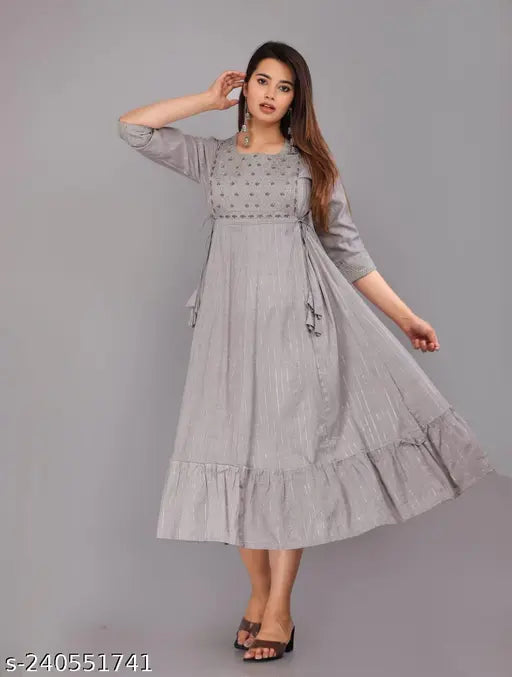 Grey rayon printed Anarkali KurtaKurti by Nidhi Fashion for women - three-quarter sleeves, festive season wear
