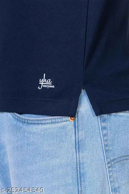 Navy blue cotton blend solid polo t-shirts for men, perfect for work or leisure