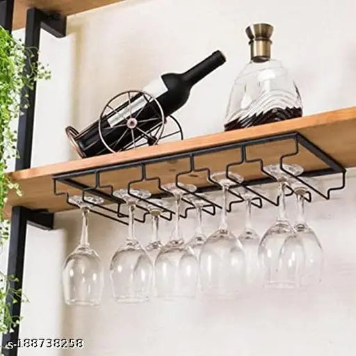 Stainless steel Eminence Lifestyle wine glass rack, holds 2-3 glasses; modern, space-saving kitchen accessory from India