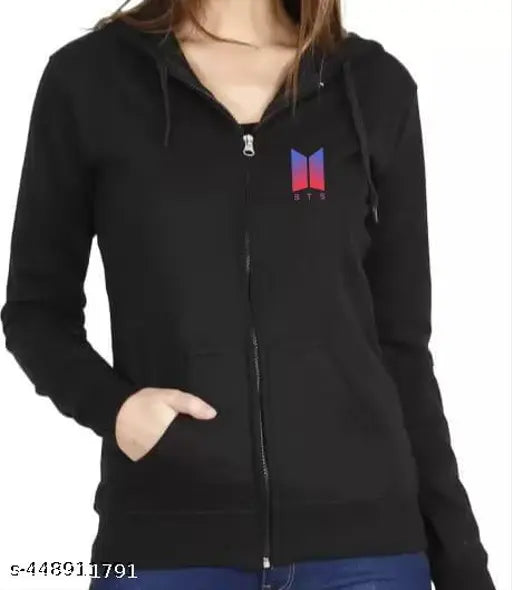 Trendy BTS printed zipper closure hoodie sweatshirt for girls & women, fleece, long sleeves, featuring Korean pop culture design