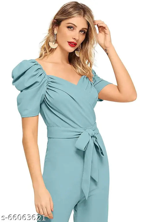 Classy polyester jumpsuit, solid pattern for summer, western wear in various sizes: S-XL