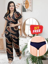 Attractive Women's Black Satin Night Suit & Panty Combo (Set of 2), Indian-made stylish sleepwear for relaxation