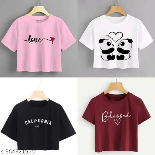 Cotton printed net women's crop 4-piece combo, versatile wardrobe basics with short sleeves, made in India