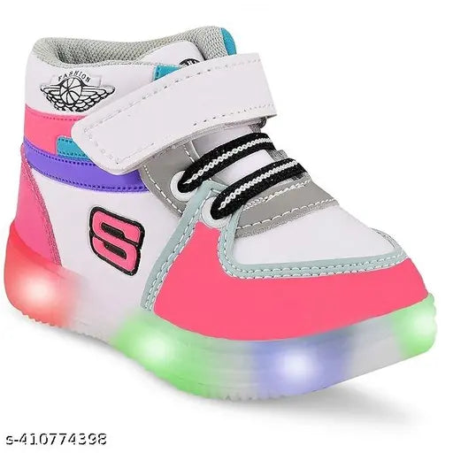 Baby pink synthetic LED light shoes for kids (ages 0-5), breathable cotton blend material, adjustable Velcro closure, comfortable sole for year-round wear. Perfect for night outings and partywear. Unisex casual knitted shoes with one strap