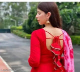 Red rayon anarkali kurta set with dupatta and jumka, vibrant solid color for Indian women's formal wear