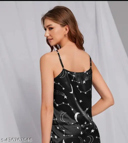 Black modal PUSHBELA women's lace trim pajama set, short sleeveless sleepwear with drawstring waist - stylish nighty set