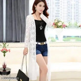 White polyester long jacket with embellished net sleeves three-quarter length, elevate fashion game for women, India-made accessory