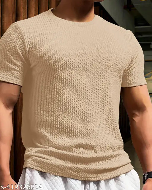 Men's cotton blend solid popcorn style short sleeve t-shirt, HS TRENDZ MENS, size M (Chest 38in, Length 29in) - Indian men's fashion apparel