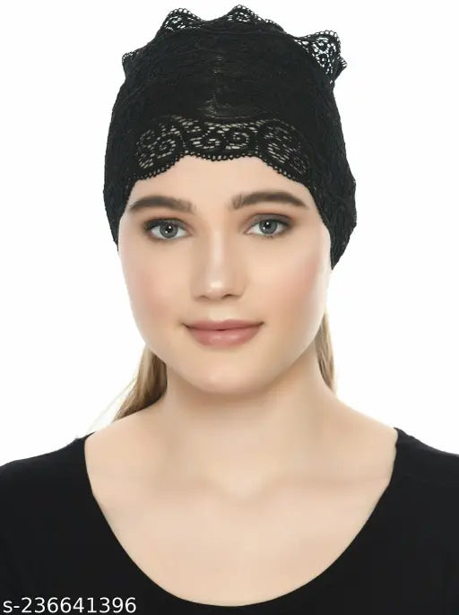 Black polycotton stretchable lace under hijab headscarf pack of 5 - lightweight, breathable, comfortable for sensitive scalps and daily wear. Made with no harmful chemicals, suitable for women with hair loss due to medical conditions. Indian origin
