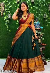 Art Silk Lehenga Choli Set for Women and Girls - Traditional South Indian style, adorned with Zari stitching, unstitched. Solid base with woven patterns, suitable for ages 13-14 to free size. Comes with matching dupatta made of Chanderi Silk