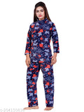 Night blue woolen Kambal pajama set for women, featuring collared neck, full sleeves, and floral design. Super soft material, hand wash only. NACNO® women's nightwear from India." (123 characters)