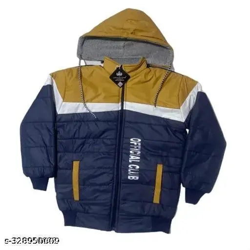 Cute nylon colorblocked jackets & coats for boys, yellow, red, mustard, royal navy blue, black, lgray, white - official club kids style. Jacket on display stand with various sizes: 0-3M, 0-6M, 3-6M, 6-9M, 6-12M, 18-24M (18in length), 0-1Y, 1-2Y, 2-3Y (18in length), 3-4Y (20in length), 4-5Y (20in length), 5-6Y (22in length), 6-7Y (22in length), 7-8Y. Made in India