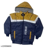 Cute nylon colorblocked jackets & coats for boys, yellow, red, mustard, royal navy blue, black, lgray, white - official club kids style. Jacket on display stand with various sizes: 0-3M, 0-6M, 3-6M, 6-9M, 6-12M, 18-24M (18in length), 0-1Y, 1-2Y, 2-3Y (18in length), 3-4Y (20in length), 4-5Y (20in length), 5-6Y (22in length), 6-7Y (22in length), 7-8Y. Made in India