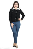 Black denim jacket with long sleeves and solid design, ideal for a chic winter look. Made in India