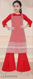 Red RK Collection kids festive designer kurta and sharara suit, A-line top with harem pants, printed pattern, three-quarter sleeves. Indian ethnic wear for girls on display