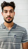 Red and Cream striped polo t-shirt set for men, cotton blend with short sleeves, pack of 2, Krishiika Enterprise product on display rack
