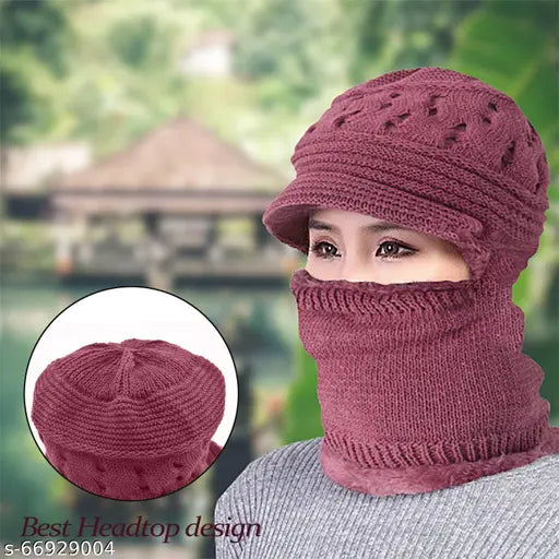 Soft velvet and wool women's beanie cap with balaclava, winter-ready for skiing, hiking, & outdoor activities