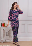 Dark blue pure cotton women's night suit with pink flower hand print, Indian craftsmanship for modern relaxation