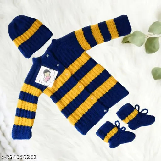 Handmade woolen baby sweater set with cap and socks, self-design pattern for boys & girls, winter wear in various sizes (0-6M, 3-6M, 6-9M, 6-12M, 9-12M) from India