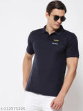 Navy blue cotton blend men's collar neck half sleeve t-shirt with printed design on short sleeves, perfect for casual wear