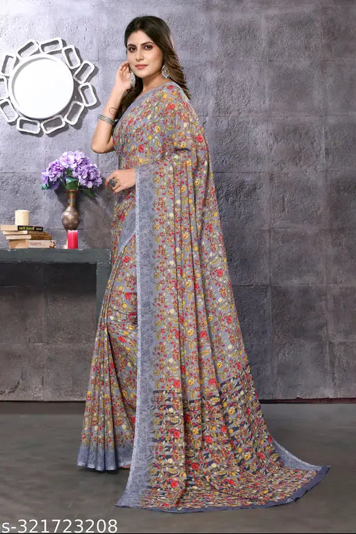 Trendy printed Georgette saree with running blouse, perfect for all occasions in soft fabric, India-origin
