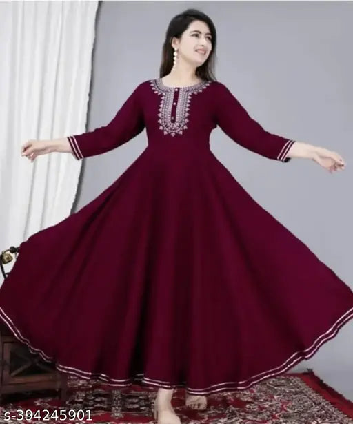 Maroon rayon Anarkali kurti with intricate embroidery, ideal for Indian fashion