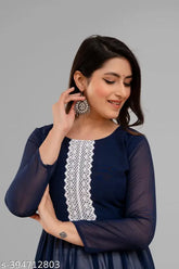 Women's faux Georgette Anarkali Kurta, solid, three-quarter sleeves, single size options: S-XXL, Indian traditional outfit on model