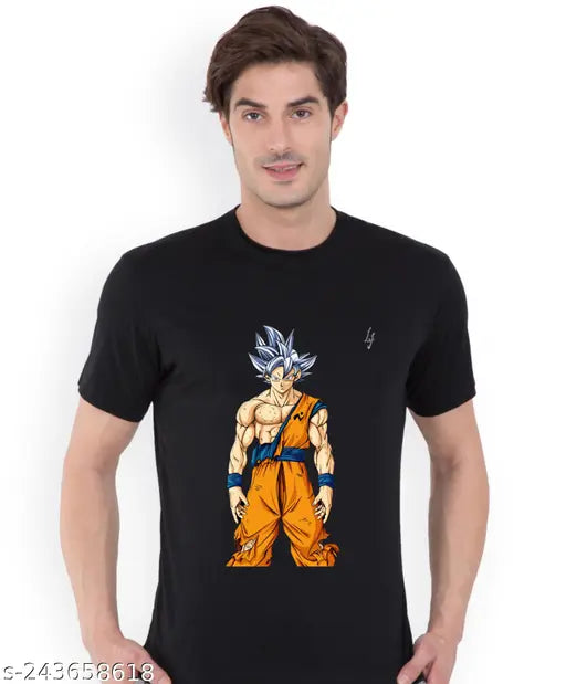 Las Famuz Goku GOD T-Shirt, poly blend, short sleeves, printed design, premium organic cotton fabric, gold finish. Casual wear in India