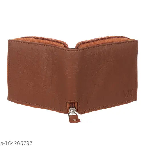 Tan artificial leather men's & women's formal casual travel wallet (3 card slots), textured pattern, 2 compartments, rounded zip closure, free size (12cm x 9cm)