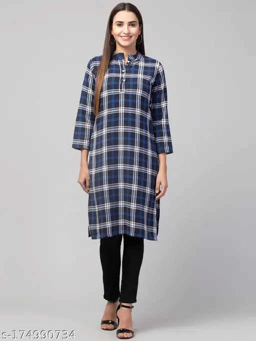 Blue checked straight kurta with three-quarter sleeves, woolen women's fashion from RVS FASHION MART