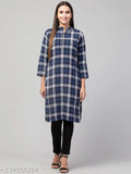 Blue checked straight kurta with three-quarter sleeves, woolen women's fashion from RVS FASHION MART