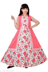 Coral cotton ethnic gown for girls, printed net floral design, skin-friendly fabric
