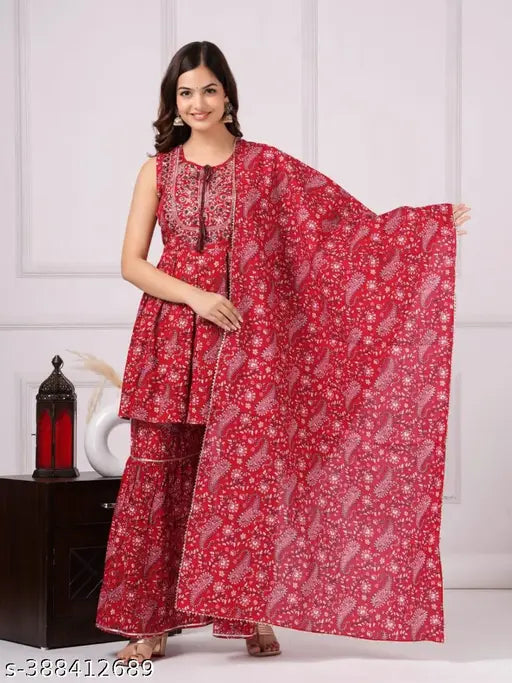 women's red sharara set with dupatta, rayon fabric, printed, sleeveless, ethnic style, single quantity, Indian origin