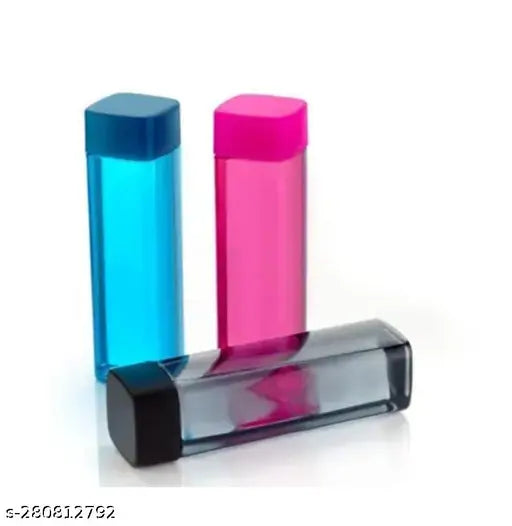 Multicolor square shape plastic water bottles with square caps (PACK OF 3), ideal for gym, school, office use. BPA-free, leak-proof, dishwasher safe, and freezer compatible. Comfortable grip design, perfect for multipurpose usage