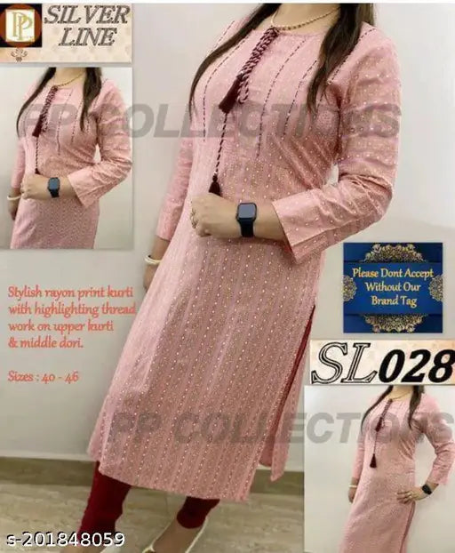 Rayon printed mahal kurti for women and girls with three-quarter sleeves, available in various sizes from S to XXXL. Indian rayon straight kurti on display