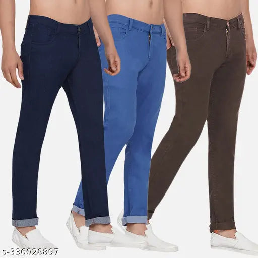 Dark blue solid cotton blend jeans for men - slim fit, stretchable, and pill-resistant. 3 pack available with sizes 28, 30, 32, 34, 36, 38, and 40 inches waist. Made in India for comfort and value