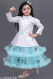 Aqua blue embellished net girls' gown frock with long sleeves, single size for 1-2 and 2-3 years. Indian-origin dress on mannequin