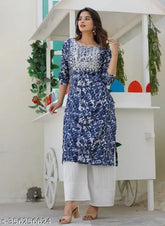 Navy blue chikankari print, sleeveless cotton kurti with Palazzos, Indian embroidery on cotton for women